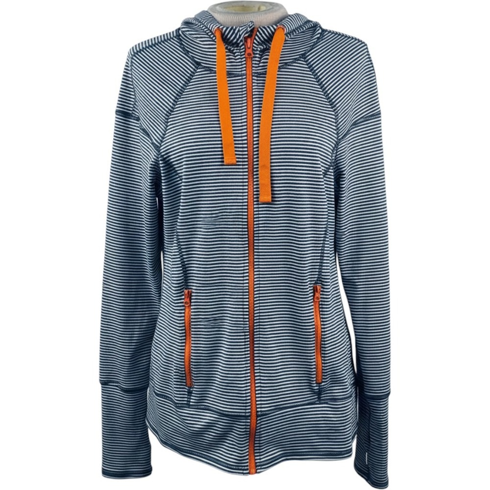90 Degree by Reflex Womens XL Striped Full Zip Hoodie Navy Orange Thumbholes